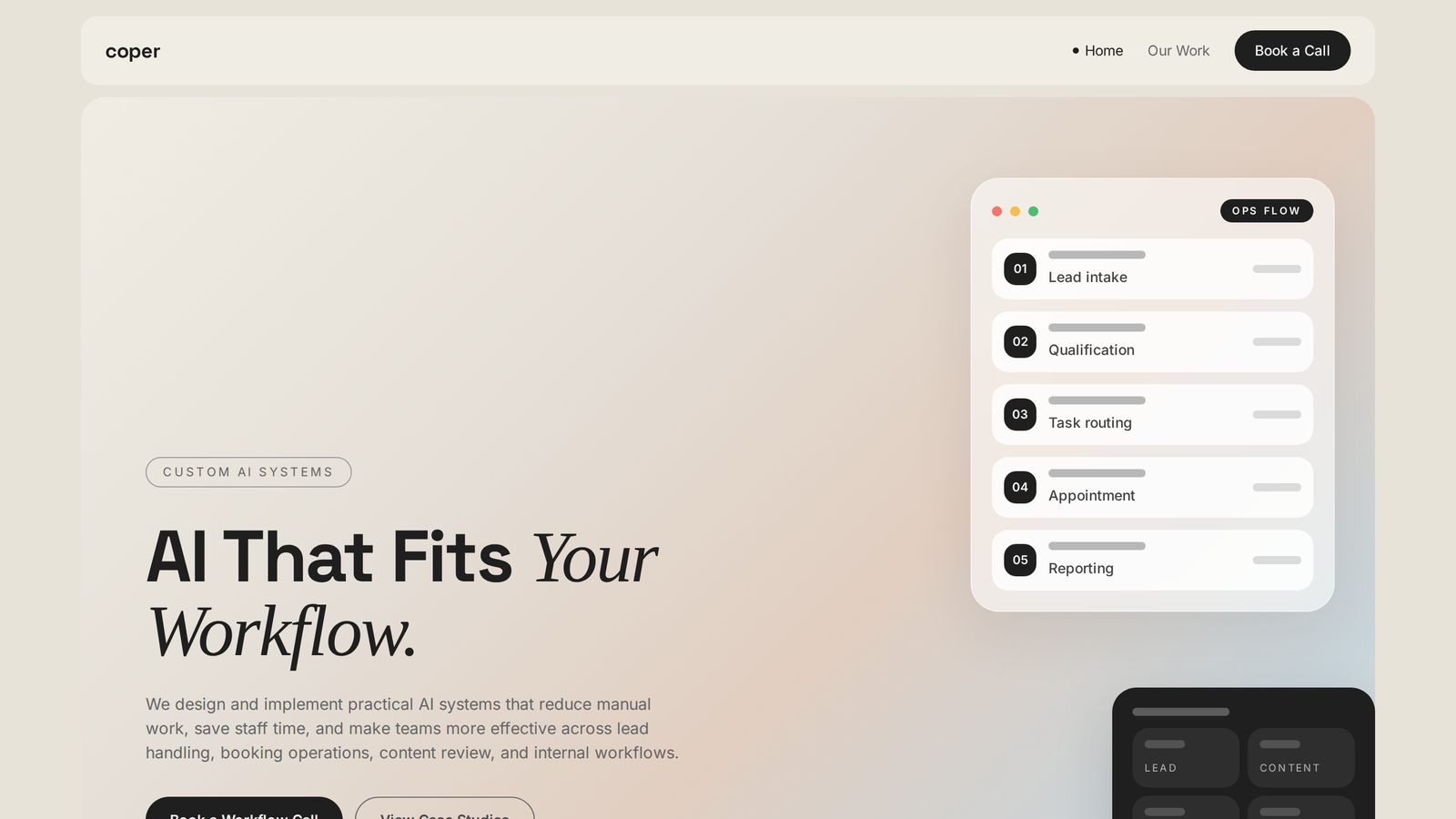 The previous Coper homepage: a pale beige page headed "AI That Fits Your Workflow."