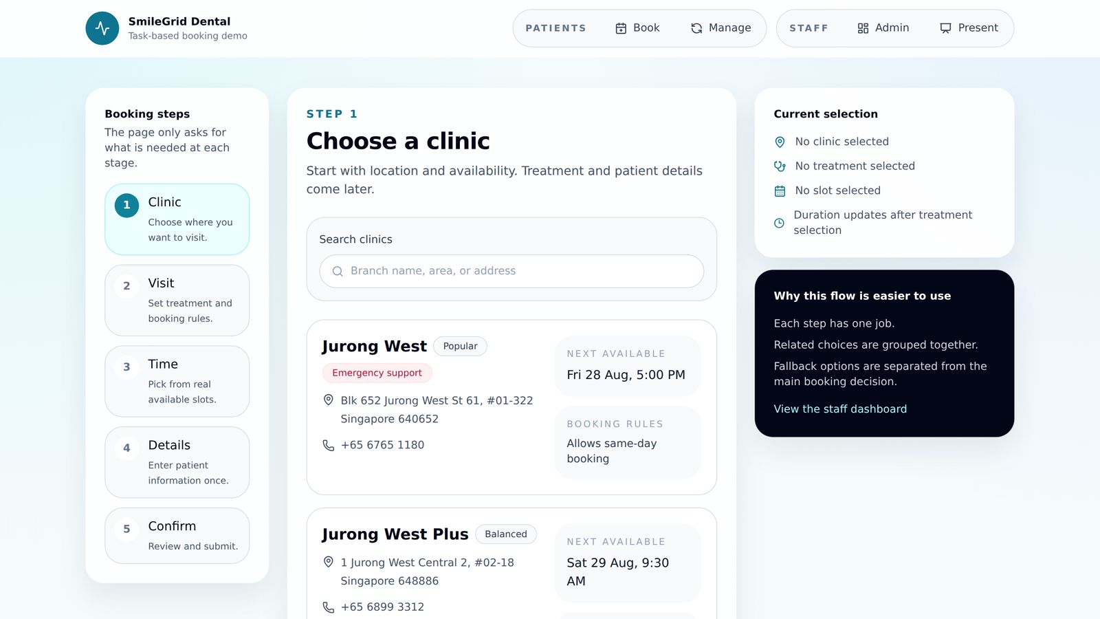 Step one of the booking flow, "Choose a clinic", listing branches with their next available time and booking rules beside a five-step progress panel.