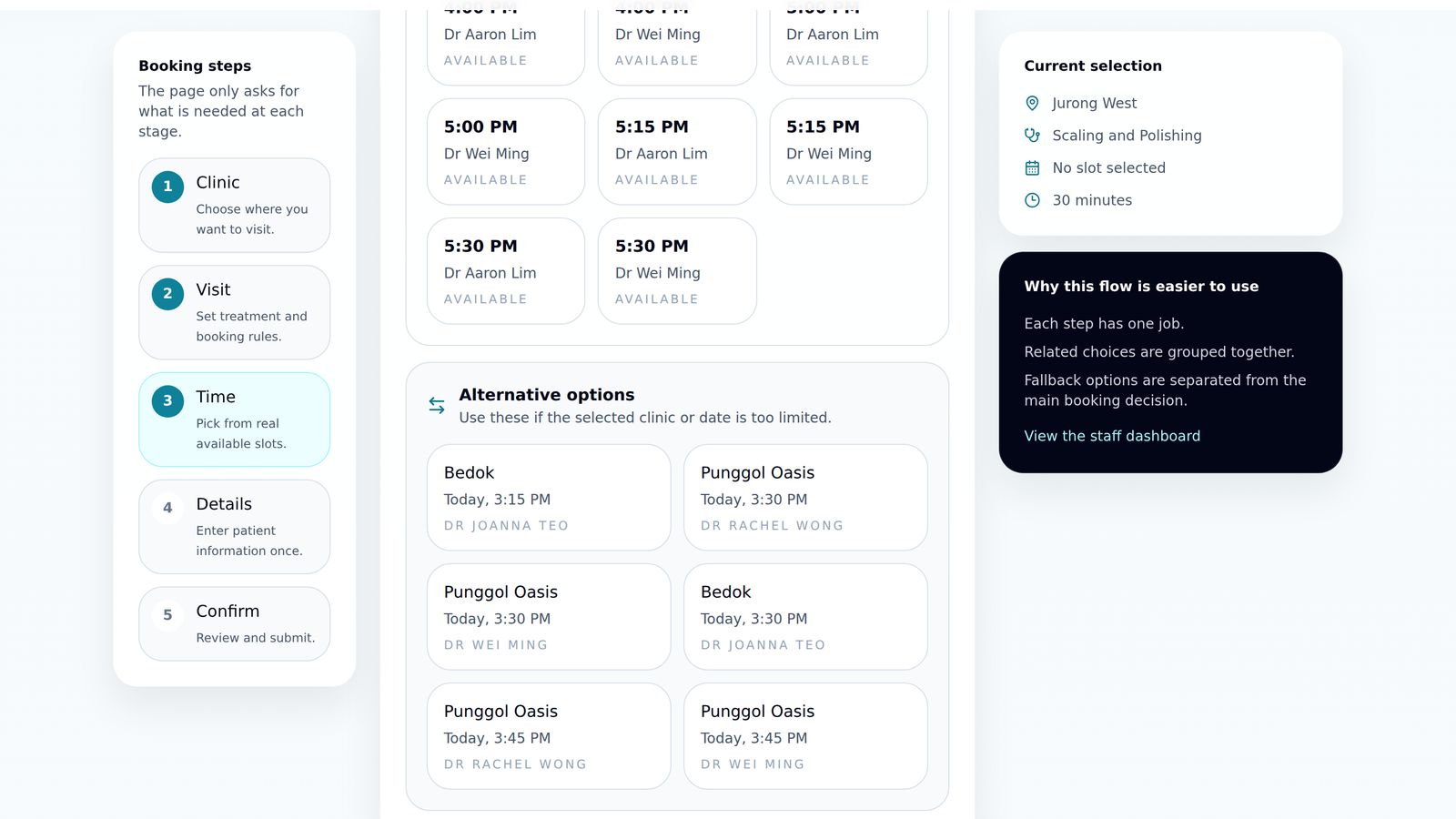 Step three of the booking flow, showing generated appointment times with the dentist for each, and a separate panel of alternative times at other branches.