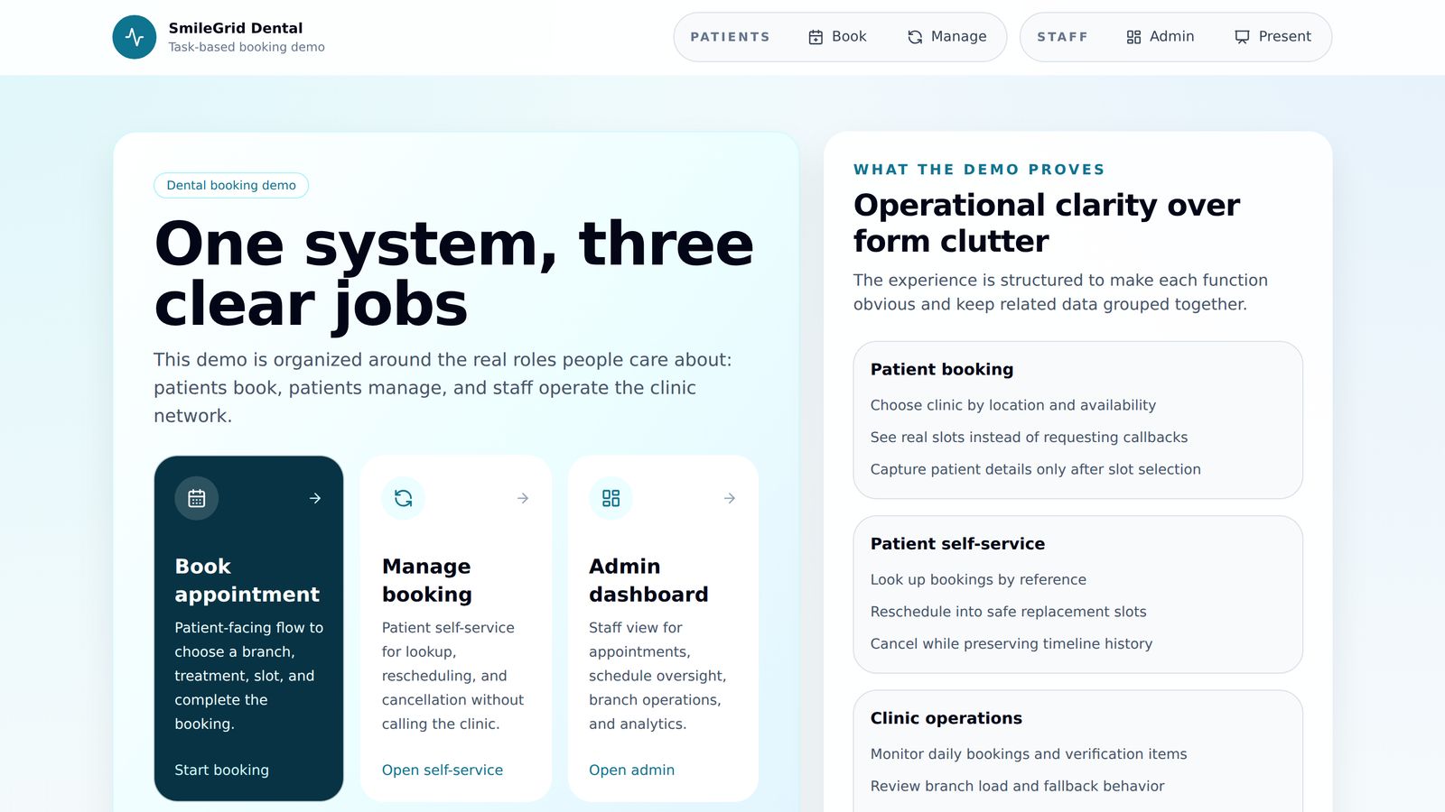 The SmileGrid landing screen, headed "One system, three clear jobs", offering Book appointment, Manage booking and Admin dashboard.