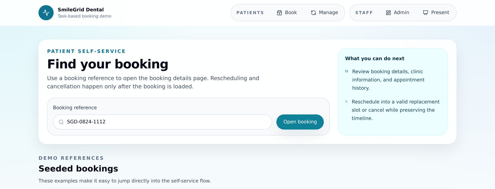 The SmileGrid self-service screen, "Find your booking", with a booking-reference field and a panel listing what a patient can do next.